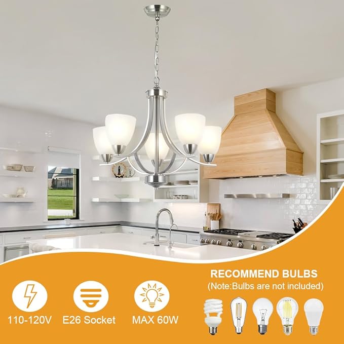 VINLUZ 5 Light Contemporary Chandeliers Brushed Nickel Modern Light Fixtures Ceiling Hanging Industrial Pendant Lighting for Foyer Bedroom Dining Room Bathroom