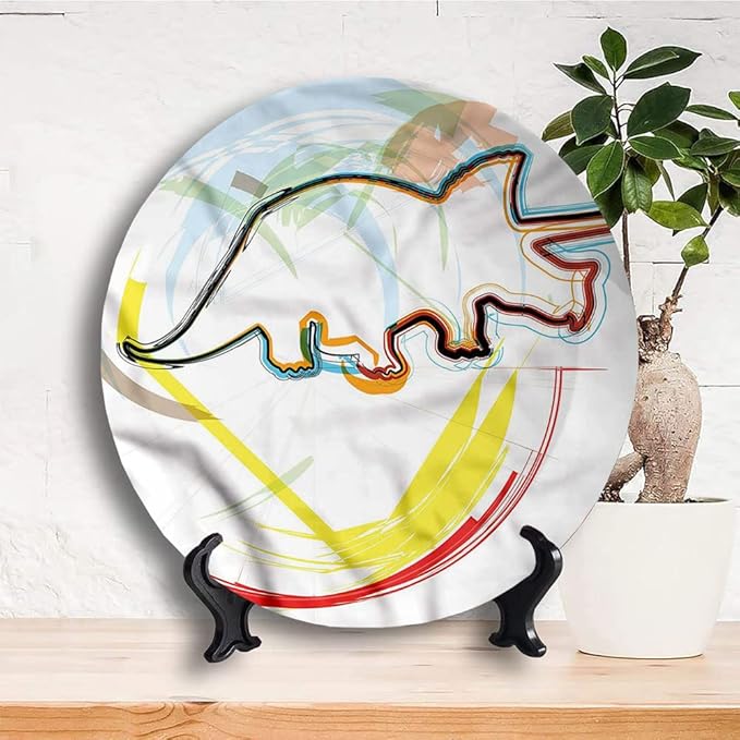 Ceramic Plates, Dinosaur Decorative Ceramic Plates, Triceratops Sketch Lines, 7 Inch, Household Plates Decorative, Multicolor