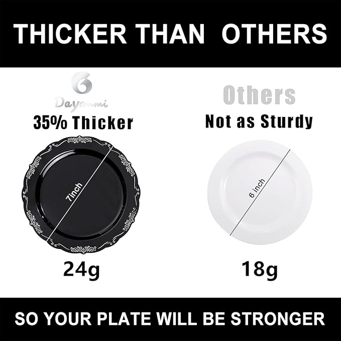 DaYammi 60PCS Black and Silver Plastic Plates, Heavy Duty Black and Silver Disposable Plates Premium 7.5 inch Dessert Cake Salad Appetizer Plate Hard Plastic Plate Disposable for Party Wedding