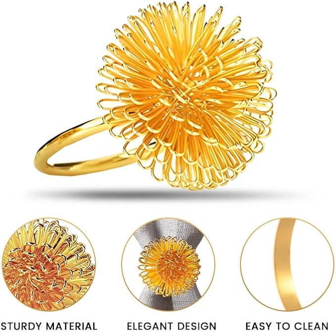 Decozen Set of 12 Gold Napkin Rings in Floral Design, Festive, Table Decor Setting for Holiday, Wedding, Birthday, Kitchen, Home Decor, Housewarming Gift - Thanksgiving & Christmas Gift Decoration