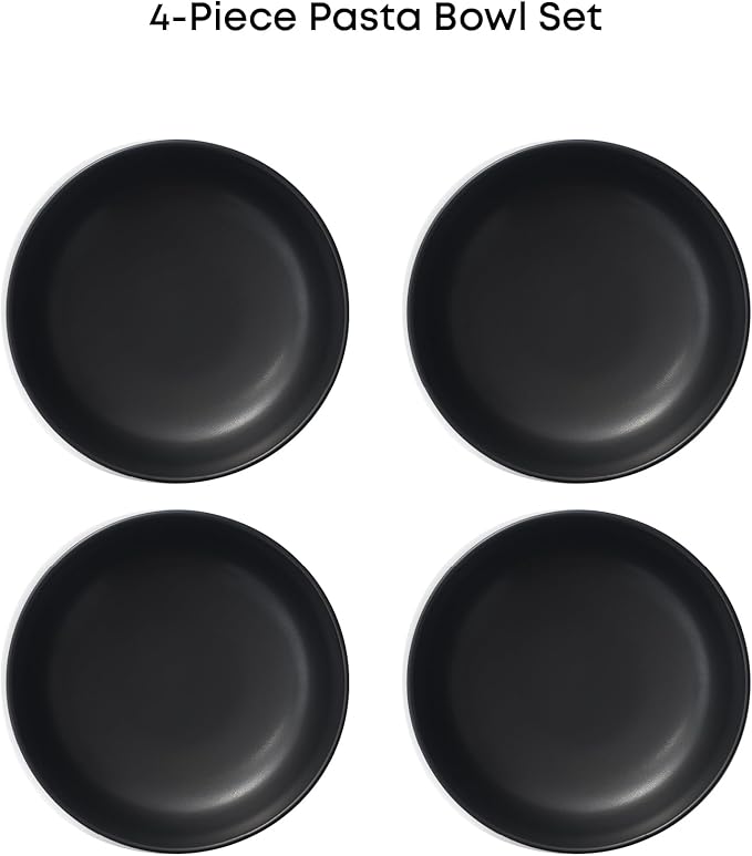 JoyJolt Mesa 30oz Stoneware Pasta Bowls Set of 4, Salad and Serving Bowls for Kitchen, Oatmeal, Soup, Dinner - Matte Black, Dishwasher and Microwave Safe, Wide and Shallow Plate