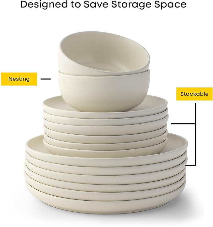 JoyJolt Mesa Stoneware Salad Plates, 8" Round Lunch Plates, Dishwasher and Microwave Safe Plate Set of 6, Modern Rustic Dinnerware, Appetizer Dessert Dinner Sides Kitchen Dishes - Matte White (Linen)