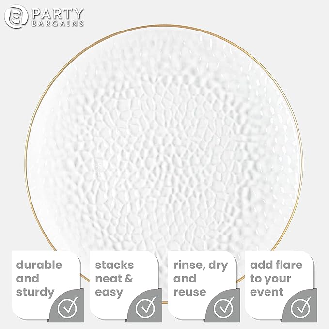 PARTY BARGAINS 13-Inch Charger Plates - 16 Pack, Hammered Clear Gold Rim, Heavy-Duty Disposable Chargers for Elegant Dining - Ideal for Weddings and Formal Events