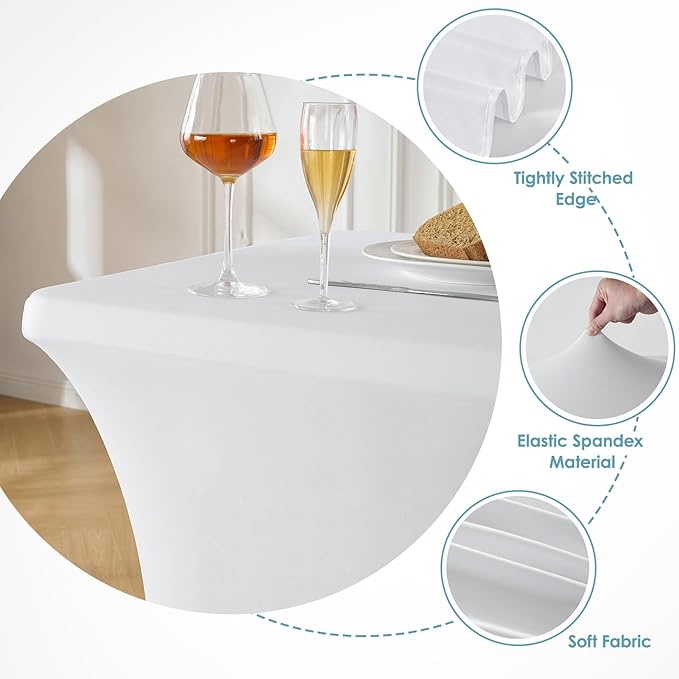 VidaFete Spandex Tablecloth 2 Pack 6FT, Fitted Stretch Table Cover for Rectangle Tables, Wrinkle Resistant and Washable Tablecloths for Outdoor, Picnic, Party, Wedding, Banquet, Birthday, White