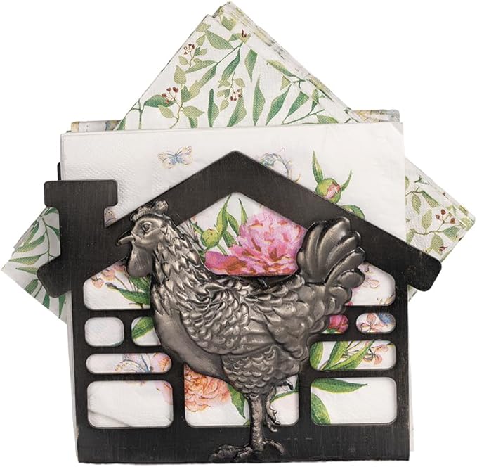 Metal Napkin Holder for Table, Antique Rooster Decorative Farm Style, Rustic Vertical Tissue Paper Napkins Holder for Paper Napkins (Rooster/Black)