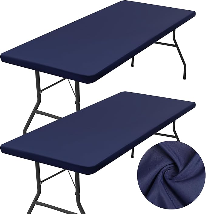 homing 2 Pack Rectangle Table Cloth, Elastic Fitted Fabric Tablecloth Fits for 8 Foot Folding Tables, Washable Table Cover for Picnic, Camping, Indoor & Outdoor (Navy Blue, 30" x 96")