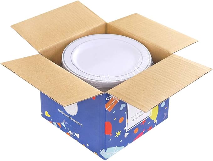 bUCLA 100Pieces Silver Plastic Plates - 6.25inch White with Silver Rim Disposable Salad/Dessert/Appetizer/Small Cake Plates for Weddings, Parties&Gathering