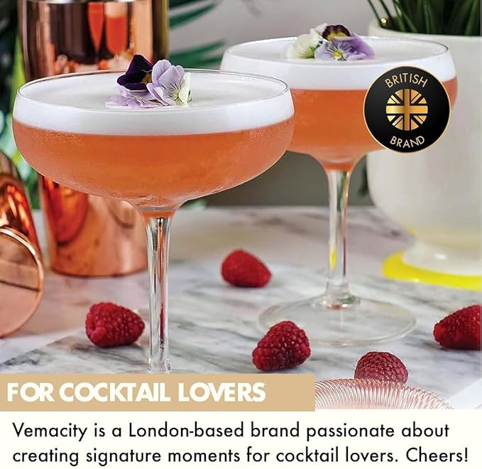 VEMACITY - Elegant Handblown Coupe Cocktail Glasses Set of 2 (10oz) - Crystal Espresso Martini Glasses, Champagne Saucers - Vintage Glassware | Wedding Gift | Ideal for Martinis and Margaritas