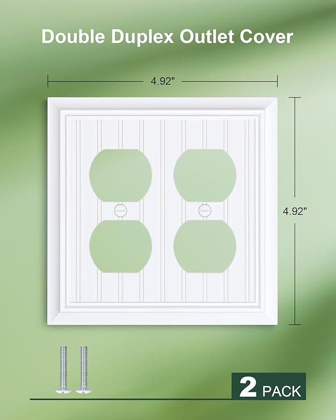 2-Pack Classic Beadboard Double Duplex Outlet Cover, Pure White Decorative Switch Plates and Outlet Covers for Electrical Outlets, Durable Natural Bamboo Fiber Wall Plates, 2 Gang Receptacle Cover