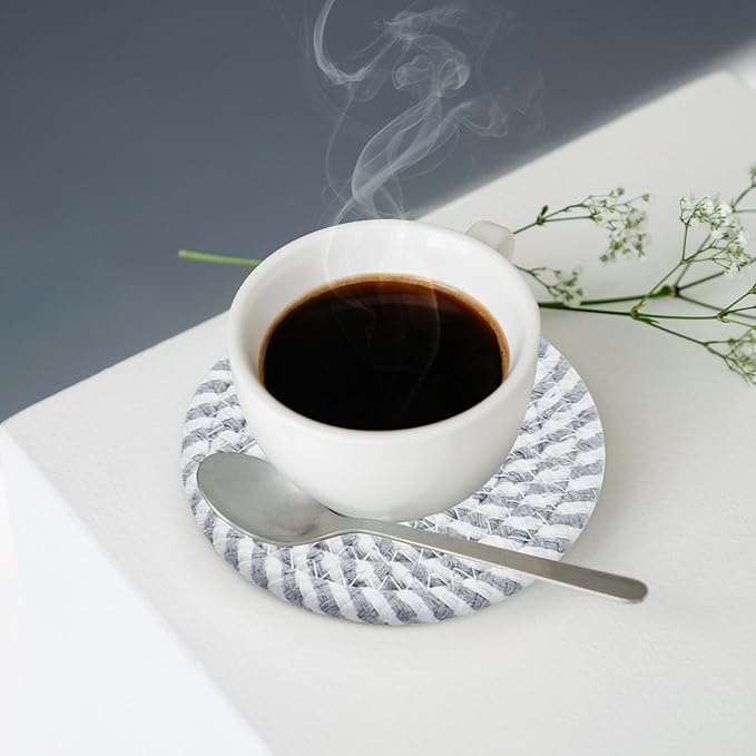ABenkle 8 Pcs Drink Coasters with Holder, Cotton Woven Absorbent Coasters for Drinks, Minimalist Home Decor Coaster Set for Wooden Tabletop Protection Table, 4.3 inches