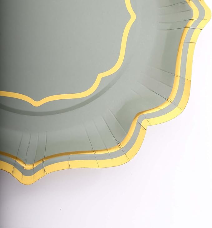50 Pack 8" Sage Green/Gold Scallop Rim Dessert Plates, Disposable Round Paper Appetizer Salad Plates 300 GSM for Party Decoration