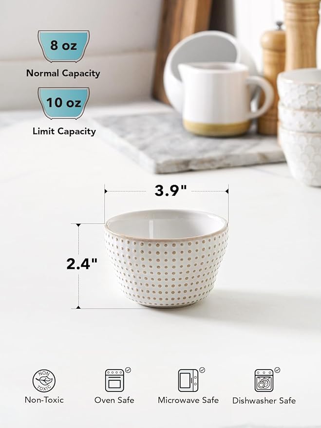 LE TAUCI Small Bowls 8 oz, Dessert Bowl, Ice Cream Bowl for Chili Dipping Sauce Coffee Bouillon, Ceramic Soup Cups - 4 inch, Set of 4, Arctic White