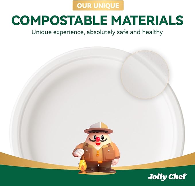 JOLLY CHEF Compostable Heavy Duty Plates 𝟭𝟬 𝗜𝗻𝗰𝗵 [𝟯𝟬𝟬 𝗣𝗮𝗰𝗸] Eco-Friendly Disposable White Uncoated Paper Plates Bagasse Sugarcane Biodegradable for Hot Cold Food Party Dinner Weddings