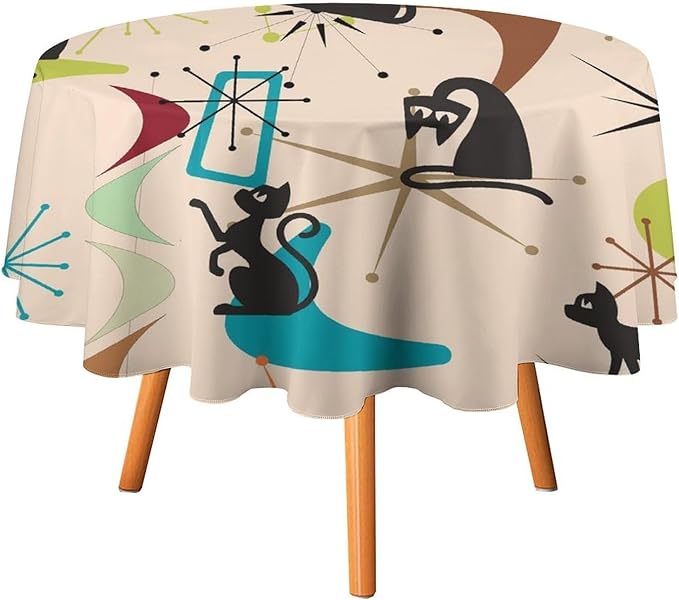 Mid Century Black Cat Round Tablecloth, Bohemian Modern Colorful Abstract Geometric Retro Art Bohemian Tablecloth for Home Party Dining Room Kitchen Decor 36Inch(90cm)
