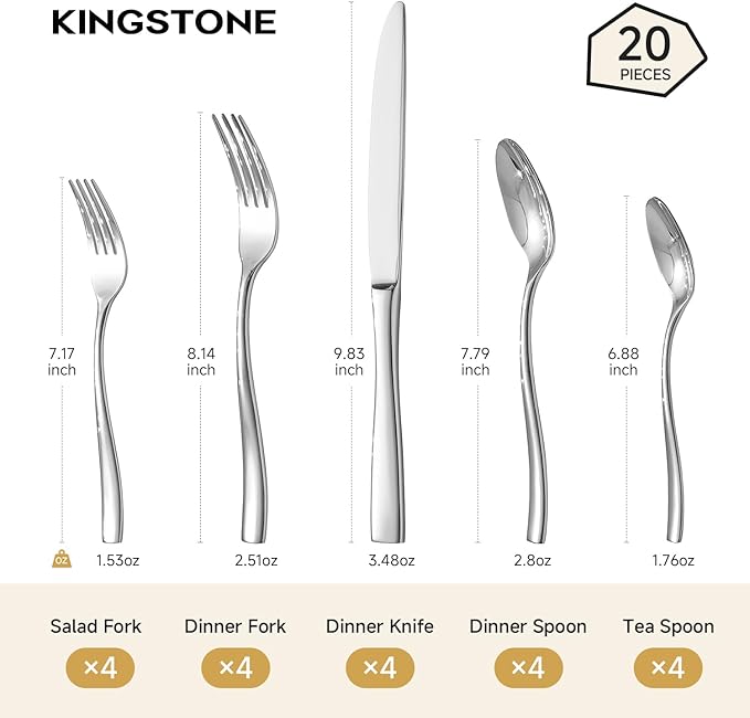 KINGSTONE Silverware Set for 4, 20-Piece Stainless Steel Flatware Set with Forks, Knives, Spoons, Dishwasher Safe Cutlery Set for Home, Wedding, Rust-proof