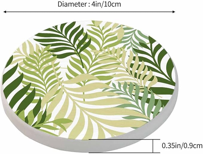 Green Palm Tree Leaves Coaster for Drinks Individual Tropical Summer Floral Leaf Nature Organic Plant Presents for Housewarming Birthday and Family 100% Diatomite 4''X 4'',2 Pack