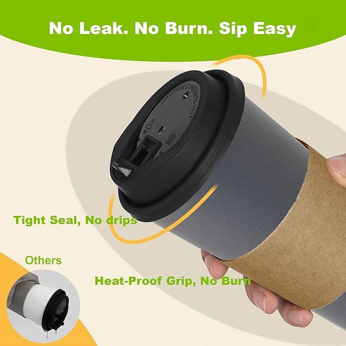 100 Pack 16 oz Disposable Coffee Cups with Lids and Sleeves, To Go Coffee Cups with Lids, Leak-Proof Hot Coffee Cups, PLA Gray Paper Coffee Cups for Hot Beverage