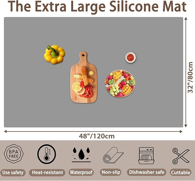 Silicone Mats for Kitchen Counter, 48"x32"(120cmx80cm) Large Heat Resistant Mat Kitchen Island Waterproof Countertop Protector Mat Nons-slip Extra Large Counter Mat, Lake Blue