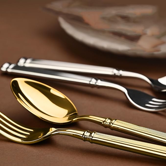 Gold Silverware Set for 10 Flatware Set 40 Pieces Luxury Tableware Set Roman Column Handle Knives and Forks spoons 18/10 Stainless Steel Cutlery Utensil Sets for Home Restaurant Dishwasher Safe