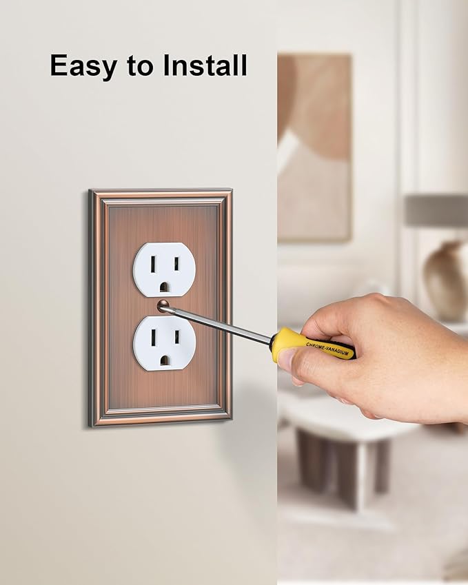 6-Pack Single Duplex Outlet Cover Plate, Decorative Antique Copper Switch Plates and Outlet Covers, Metal Wall Plates for Electrical Outlets, 1 Gang Receptacle Cover, Corrosion Resistant