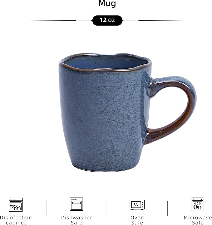 Organic Shape Highland Ceramic Mug, 6pcs 12oz Handmade Reactive Glaze Stoneware Coffee Mug with Wavy Edge, for Kitchen, Microwave & Dishwasher Safe, Scratch Resistant-Blue