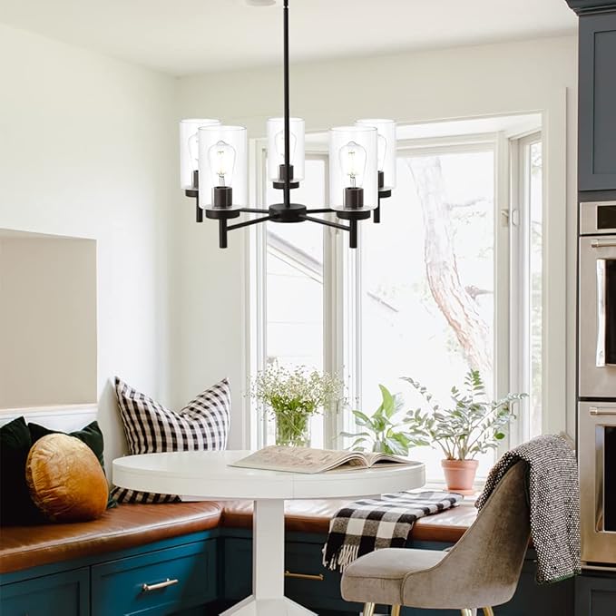 VINLUZ Contemporary 5-Light Large Chandeliers Oil Rubbed Bronze Modern Lighting Fixtures Hanging Clear Glass Shades Pendant Lighting for Dining Room Living Room Kitchen