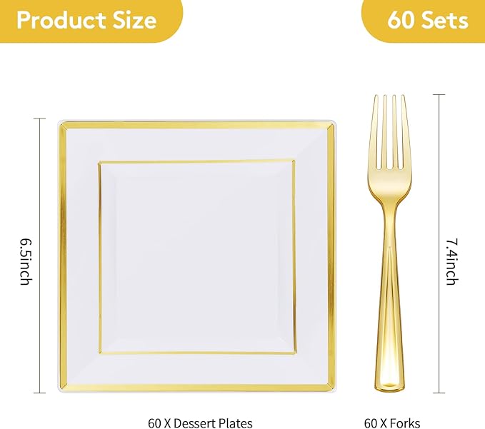 Goodluck 120PCS 6.5" Square Gold Dessert Plastic Plates with 7.4" Forks, Gold Appetizer Plates for 60 Guests, Including 60 Disposable Cake Plastic Plates and 60 Forks for Wedding/Birthday Party