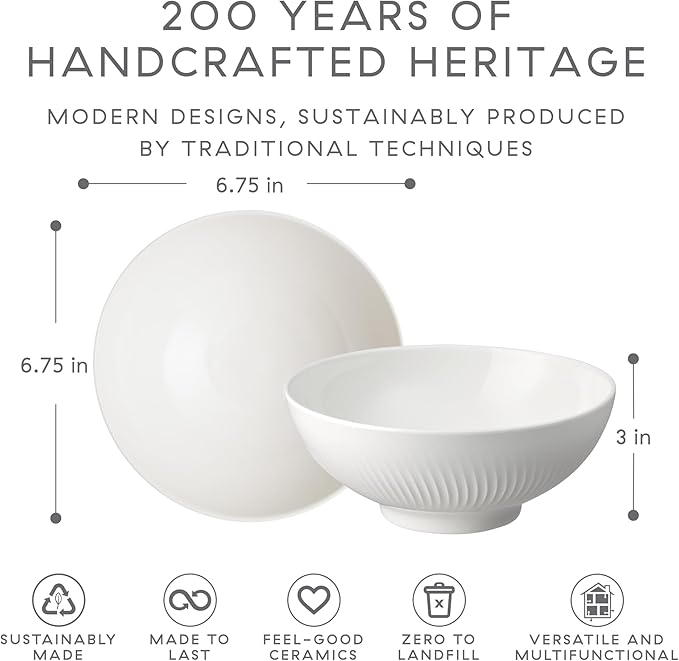 Denby - Arc White Porcelain Cereal Bowls Set of 6 - Dishwasher Safe, Microwave Safe Tableware - Scratch Chip Resistant, 6.7" Soup, Dessert, Ice Cream Bowls For Kitchen
