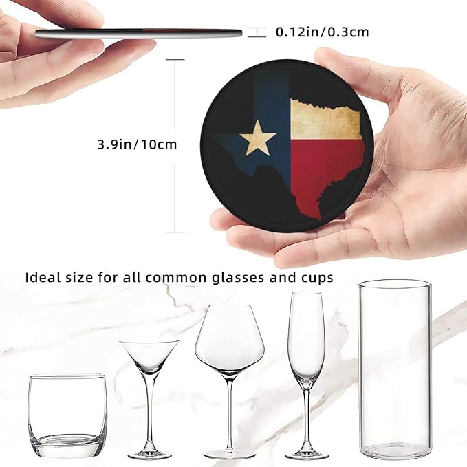 Texas Flag Coasters for Drinks with Holder Round Leather Coasters Set of 6 Cups Mugs Mat Pad for Home Kitchen Bar