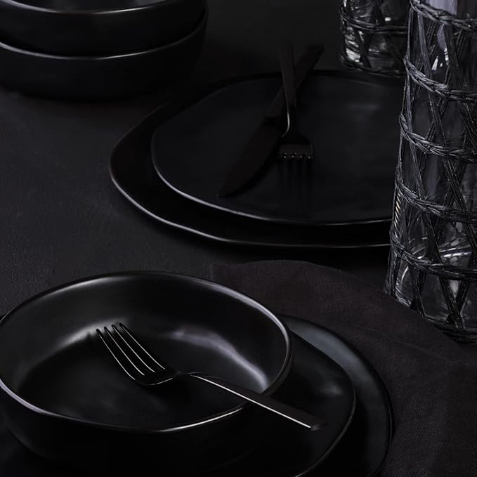 Stone by Mercer Project HEKONDA Modern Stoneware 32-Piece Dinnerware Set, Plate and Bowl Set, Dish Set for 8, Black