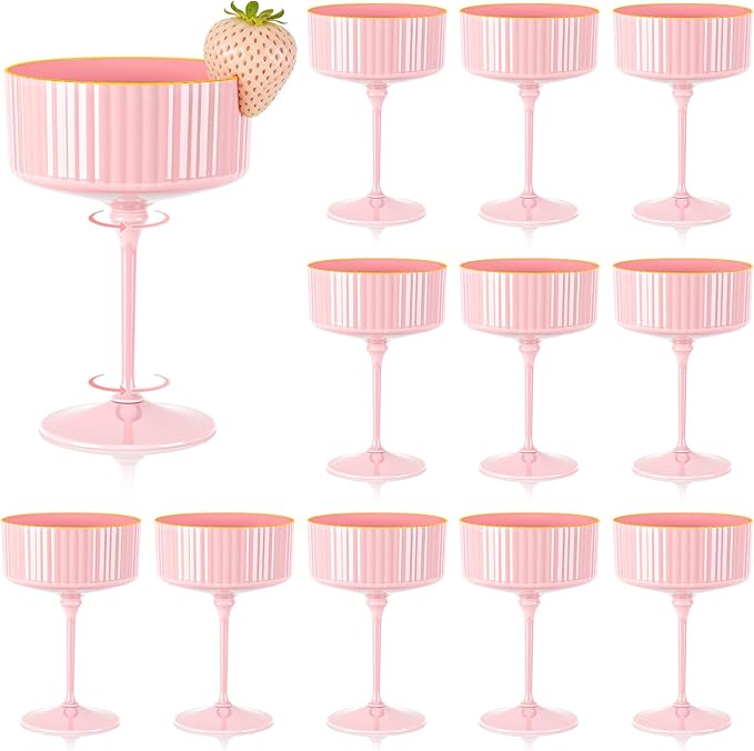 XUWAIDSGN 12 Pcs Champagne Martini Glasses 9 Oz with Gilded Removable Gold Rim Coupe Glasses Pink Martini Glasses Plastic Mimosa Vintage Coupe Glasses Set For Wedding Anniversary (12, Solid Pink)