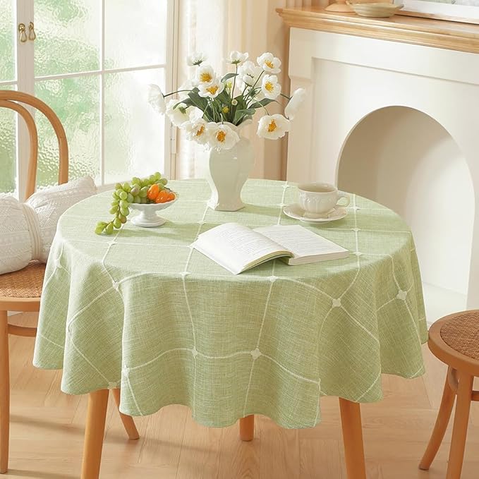 Zobesta Linen 60 Inch Round Tablecloth Green, Cotton Green Linen Table Cloth Plaid Farmhouse Soft Boho Tablecloth for Outdoor, Party, Holiday, Picnic, Dining