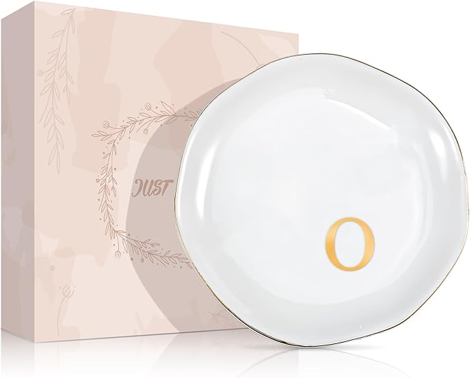 ProCase Ceramic Jewelry Tray, Initial Ring Dish Trinket Plate Engagement Gift, Small Personalized Monogram Ring Bowl for Wedding, White Decorative Jewelry Holder for Women Vanity -Letter O