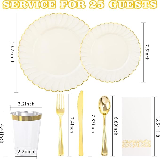 YOUBET 175PCS Ivory Scalloped Plastic Plates - Gold Disposable Dinnerware Set Include 50 Plates, 75 Gold Silverware, 25 Cups, 25 Napkins for Party & Wedding