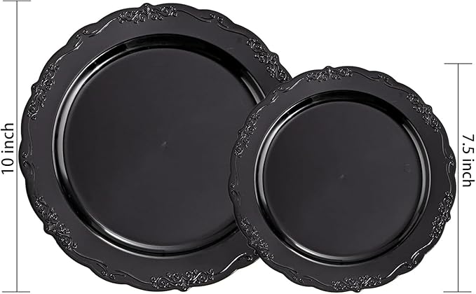 U-QE 100PCS Black Plastic Plates, Heavy Duty Black Plates Including 50PCS 10'' Dinner Plates & 50PCS 7.5'' Dessert Plate - Hard Plastic Plate for Party Wedding Bridal Shower