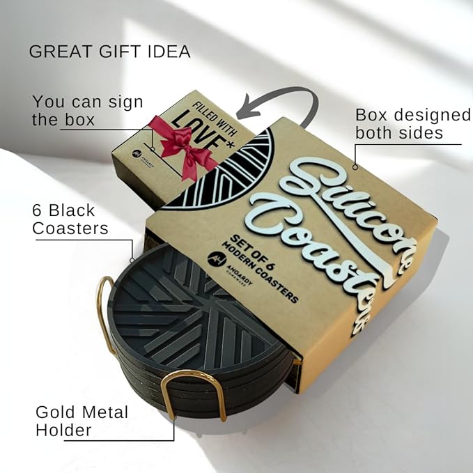 Black Silicone Coasters Set of 6 with Gold Holder - Smart and Modern Design That Holds Your Drink’s condensations, Protecting Your Coffee Table, Perfect Decor for Home, Office, bar