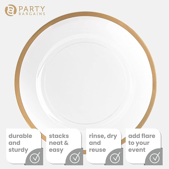 PARTY BARGAINS 13-Inch Charger Plates - 4 Pack, Clear Gold Rim, Heavy-Duty Disposable Chargers for Elegant Dining - Ideal for Weddings and Formal Events