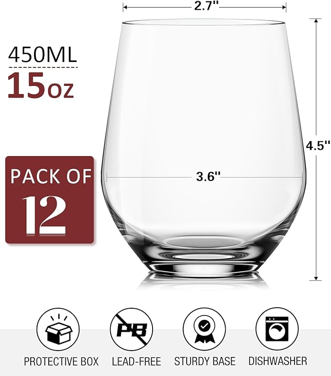 OJA Stemless Wine Glasses Set of 12, 15oz Crystal Red White Wine Glasses, No Stem, Clear, Sturdy Drinking Glass for Daily Use, Birthday, Wedding, Home Party, Anniversary, Shower Gift