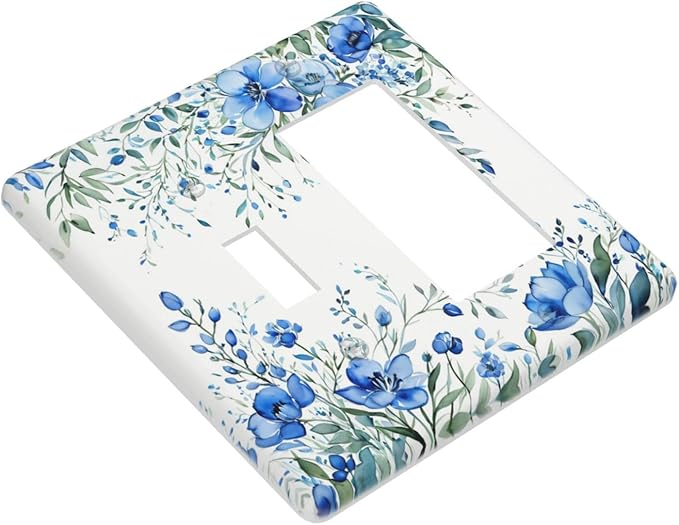 Light Switch Cover Blue Watercolor Flowers Retro Floral Leaves 2 Gang Toggle Rocker Combo Socket Cover Wall Plates Decorative Switch Plates and Outlet Covers for Bathroom Bedroom Decor