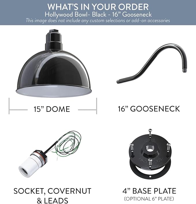 Steel Lighting Co. Hollywood Bowl Light | Outdoor Wall Mounted | 15 inch Bowl Dome | 16 inch Gooseneck | Barn Light Made in America | Matte Black Exterior/White Interior