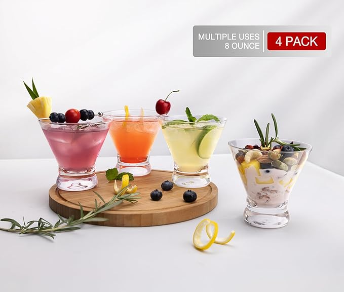 LUNA & MANTHA Martini Glasses Set of 4, Stemless Martini Cocktail Glasses for Margarita, Manhattan, Cosmopolitan, Home Bar, Evening Parties, Birthdays, Housewarming Gift, Crystal Clear 8 OZ
