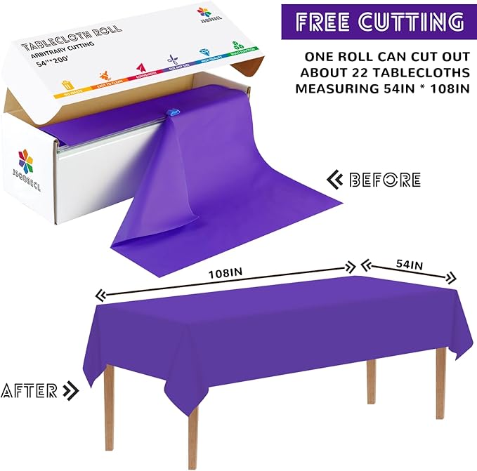 54 Inch X 200 Feet Plastic Table Cover Roll with Convenient Slide Cutter,Disposable Plastic Table Cloth Roll with Cut-to-Size Design for Weddings, Banquets, Parties (Purple)