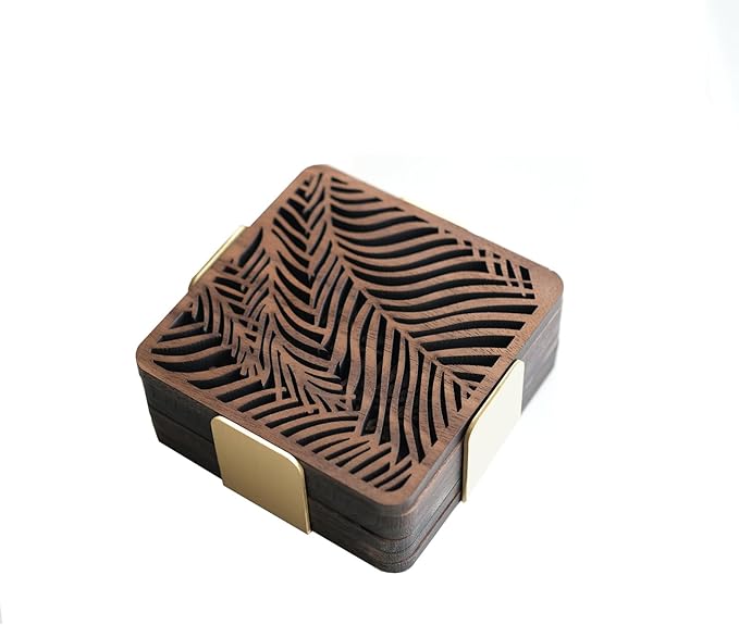 Wooden Coasters Set of 6 with Holder, Wood Coaster for Laser Engraving, Tree of Life Coasters, Walnut Wood and Brass (Square)