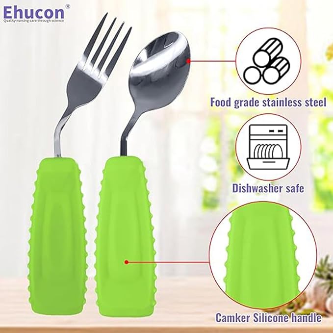 Adaptive Utensils for Hand Tremors,Arthritis and Parkinsons -Weighted Silverware with Non-Slip Handle to Easy Grip,Eating Flatware for Elderly Use (Left Hand 1 pc Fork+1 pc Spoon=2 pcs,Green)
