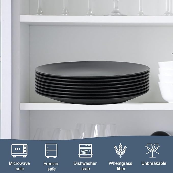 Homienly Black Dinner Plates Set of 8, 10 inch, Reusable, Unbreakable, Microwave & Dishwasher Safe, Wheat Straw Plates for Camping, Kitchen, Party, All Occasions