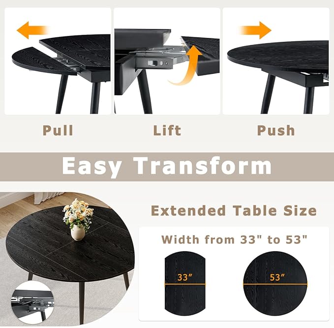 53” Round Dining Table Set for 6｜7 Piece Wood Dining Table Set｜Extendable Dining Room Table with 6 Chairs｜Black Wooden Tabletop with Metal Legs｜Easy Assembly｜Space Saving｜for Kitchen, Living Room