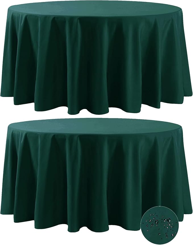 Fokitut 2 Pack Waterproof Round Tablecloth, 108 Inch, Stain Resistant and Wrinkle Polyester Table Cloth, Fabric Table Cover for Kitchen Dining, Wedding, Party, Holiday Dinner-Hunter