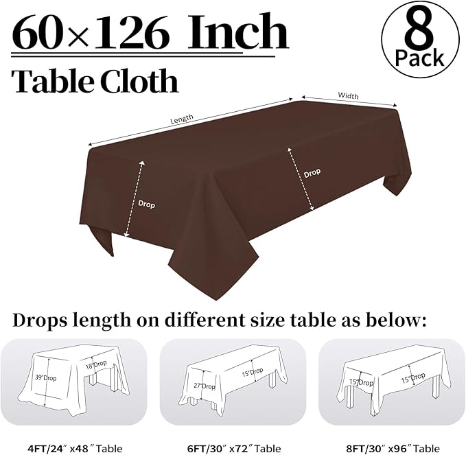 8 Pack Brown Tablecloth 60 x 126 Inch Rectangular Table Cloth for 8 Foot Rectangle Tables, Wrinkle Resistant Washable Rectangle Fabric Table Covers for Wedding Party Banquet Buffet and Camping