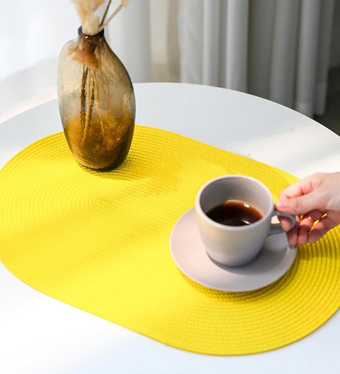 FunWheat Oval Braided Placemats Set of 8 Table Mats for Dining Tables Washable Heat Resistant Place Mats for Indoor Outdoor Use 12 x18 Inch(Oval Yellow, 8pcs)