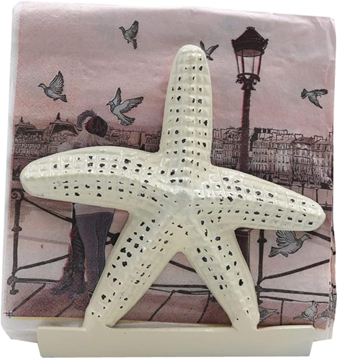 Nautical Starfish Lunch Dinner Metal Napkin Holder Kitchen Beverage Cocktail Ocean Coastal Napkin Holder By The Metal Magician (Distressed Off-White)